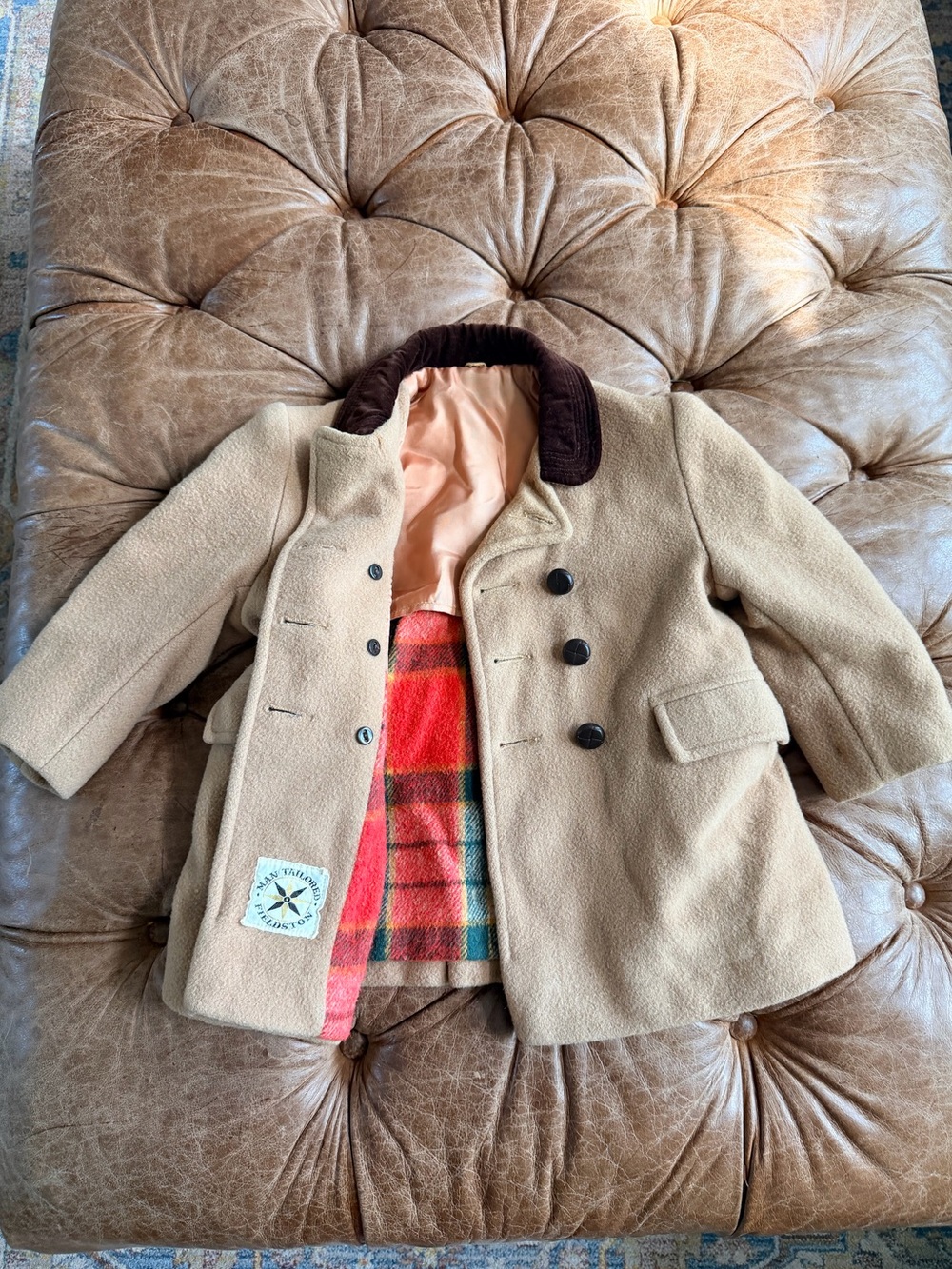 Vintage Boys Wool Blend Peacoat Fieldaton‎ Plaid Lined Double Breasted Size 3/4